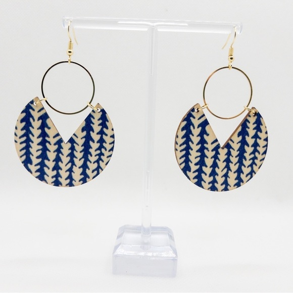 Blue White Gold Organic Geometric Coastal Printed Statement Wooden Earrings Boho - Picture 6 of 10